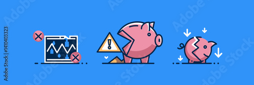 Stock trading loss icons with broken piggy bank – Ideal for finance blogs, investment risk materials, or economic downturn reports