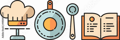 Flat vector illustration of kitchen tools with chef hat and recipe book – Great for food blogs, cooking apps, or culinary branding.
