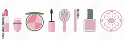 Pastel flat icons of makeup and skincare products on white background
