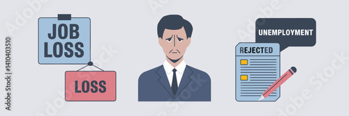 Layoffs and unemployment icon set with job loss and rejection symbols – Ideal for human resources blogs, economic news, or career guidance tools.