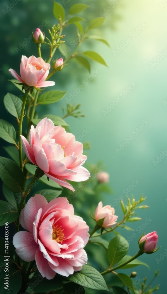 Fototapeta premium Delicate floral arrangement with lush greenery and soft lighting, soft focus, branches