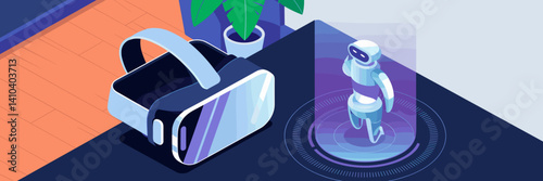 Isometric VR headset and AR hologram in modern office – Ideal for tech company branding, future workspaces, or virtual meetings content.