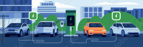 Electric vehicles charging near battery-powered station – Perfect for renewable energy branding, EV infrastructure promotions, or smart city content