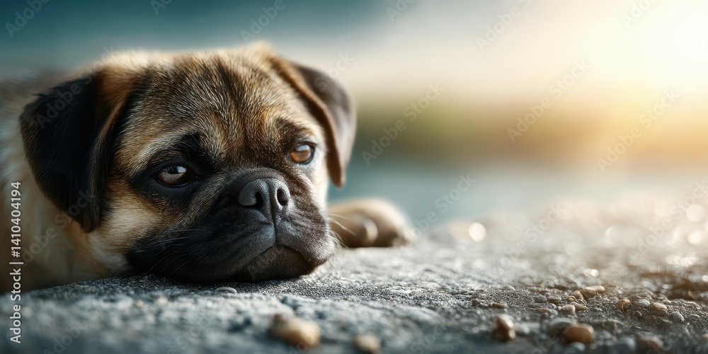 Obraz premium Pug resting on a rocky surface during sunset pondering about the day