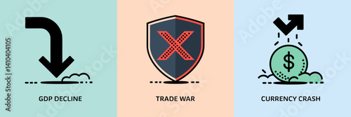 Flat vector illustration of global economic downturn icons – Ideal for finance blogs, recession infographics, or business news content.