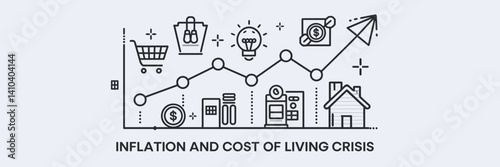 Line icon illustration of cost of living crisis with shopping and gas symbols – Great for infographics, budget planning materials, or economic articles.
