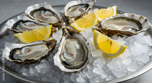 Delicious Oysters Served On Crushed Ice Garnished With Fresh Lemon Slices