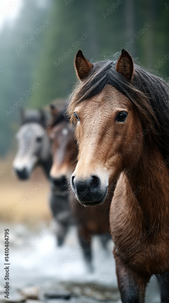 Obraz premium Horses wade through a stream in a lush forest during early morning mist with a serene atmosphere