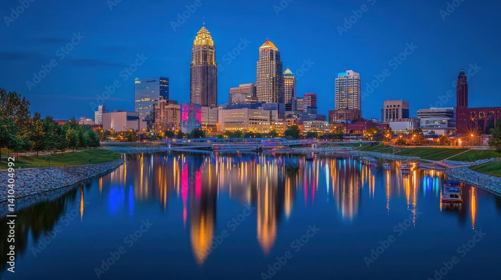 Naklejka premium A nighttime view of a city reflecting in the water