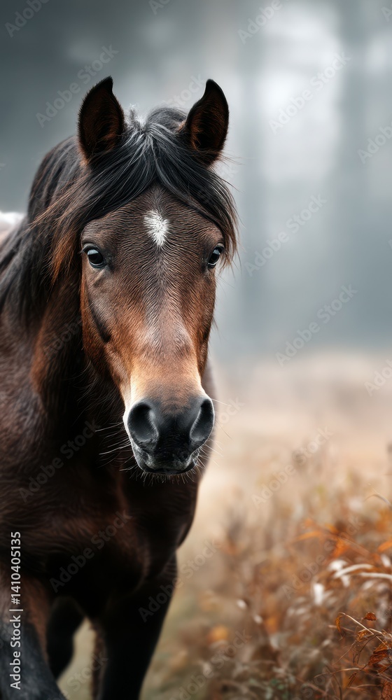 Majestic brown horse standing confidently in a misty meadow during early morning light Majestic brown horse standing confidently in a misty meadow during early morning light