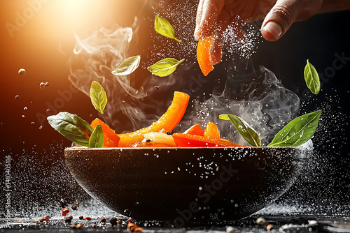Steaming bowl of colorful vegetables with basil sprinkled with salt prepared with care a culinary presentation.