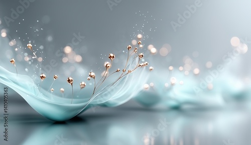 Formas abstractas cuenco multiforme aguamarina turquesa con pepitas doradas en bordes, semejando organismos microscópicos celulares. Fondo de pantalla cartel papelería, arte, mensaje portada, cubierta