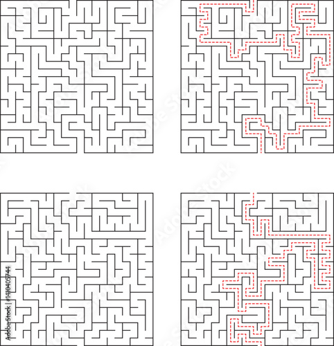 Solved Square Maze Puzzle Games With Red Dashed Solution Path Graphic Design
