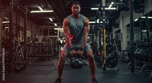 Man lifts kettlebell in gym weightlifting fitness strength training exercise.