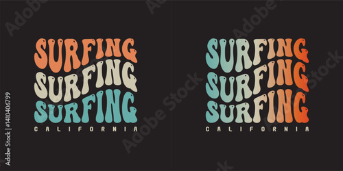 Surfing Groovy text effect California summer, stylish t-shirts and trendy clothing designs with lettering, and printable, vector illustration designs