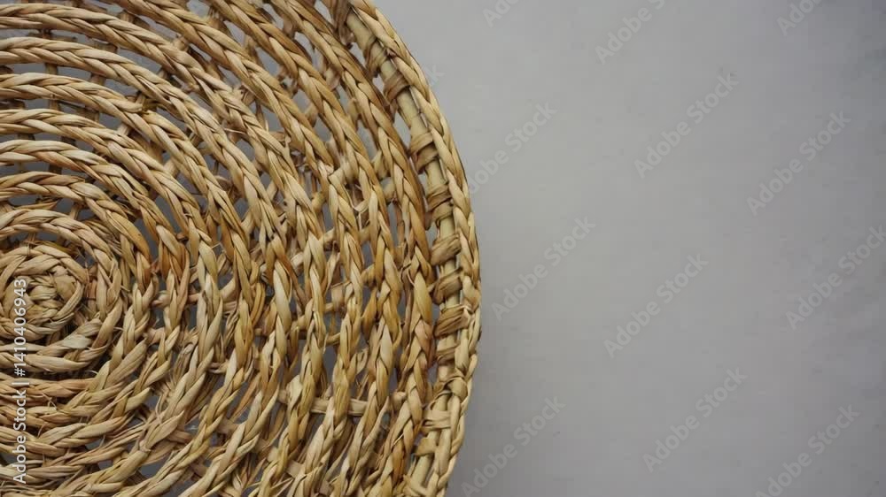 Woven basket showcases intricate texture and circular design on neutral backdrop
