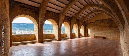 Obraz na płótnie Large hall with stone arches in medieval style in the old town of Valderrobres, Teruel. w salonie