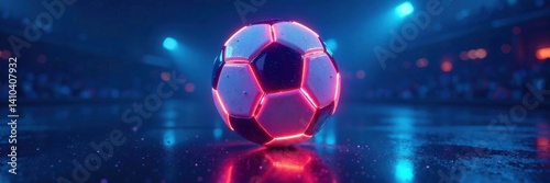 Glowing neon soccer ball suspended in mid-air, surrounded by vibrant blue hues, illuminated, sport