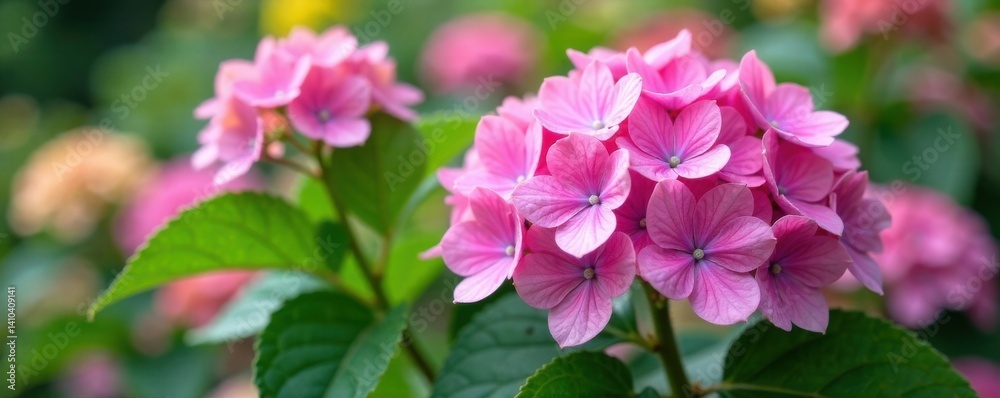 Close-up of blooming hydrangeas and garden flowers in a garden bed, flowers, bloom, hydrangea Close-up of blooming hydrangeas and garden flowers in a garden bed, flowers, bloom, hydrangea