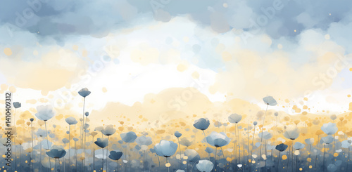 A vibrant display of flowers blooms in Field L under a sky painted with soft blues and golds during early morning. The gentle light enhances the serene atmosphere of this captivating landscape