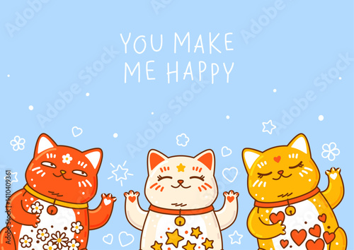 Greeting card with cute сartoon maneki neko on blue background - funny asian characters for Your kawaii design