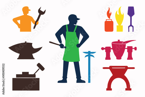 A blacksmith mid-swing at the forge, or a lone figure walking with tools slung over the shoulder.