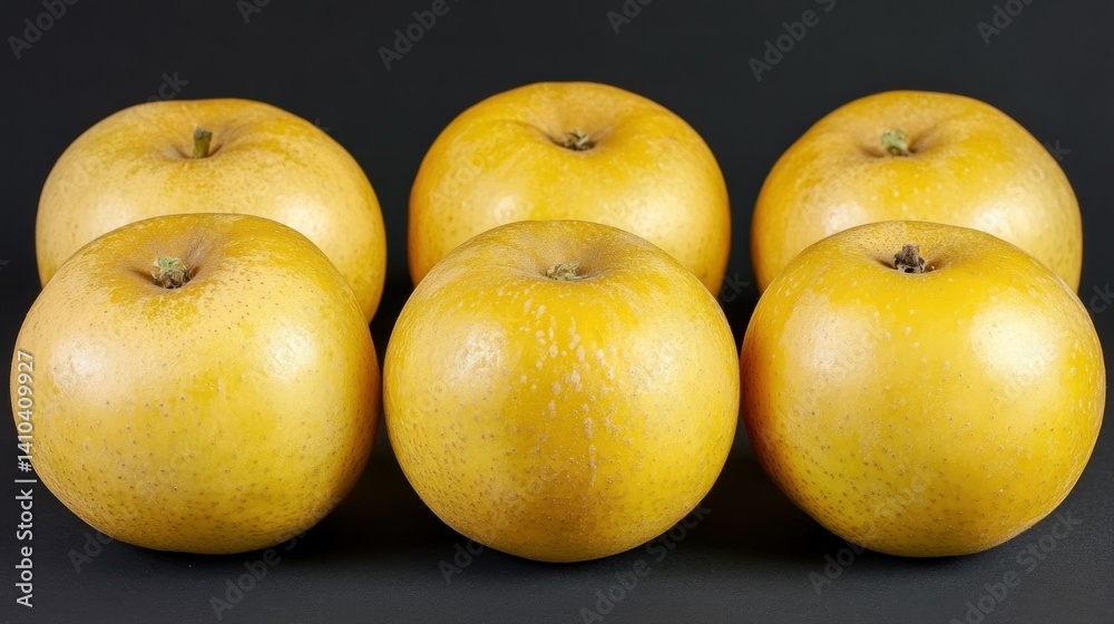Six ripe golden pears are arranged neatly on black background Six ripe golden pears are arranged neatly on black background