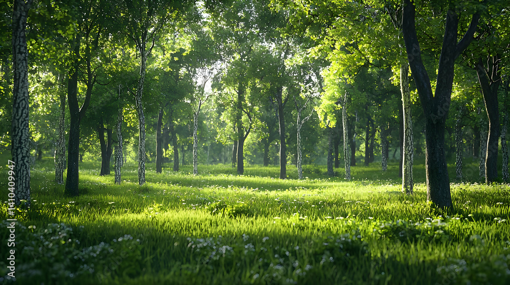 Fototapeta premium Sunny Forest Meadow With Lush Green Grass And Trees