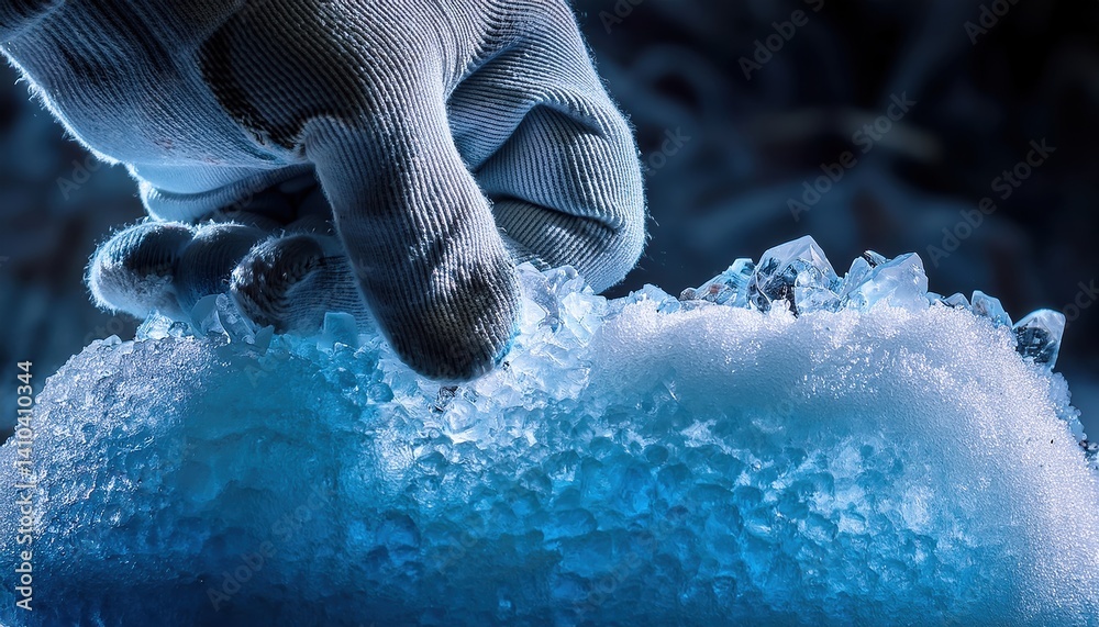 Fototapeta premium fur-gloved fist compressing 10,000-year-old blue ice