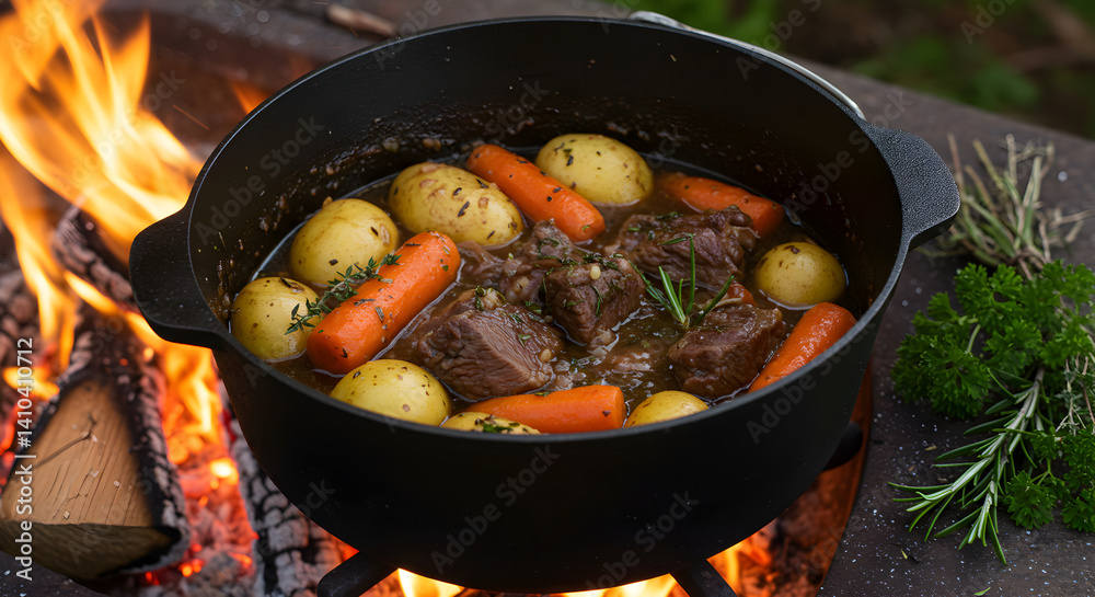 Rustic Stew Simmering In A Cast Iron Pot Over An Open Fire Rustic Stew Simmering In A Cast Iron Pot Over An Open Fire