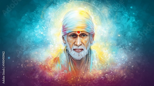 Heavenly Digital Portrait of Sai Baba of Shirdi With Soft Glowing Aura, Symbolizing Divine Peace, Grace, and Spiritual Awakening