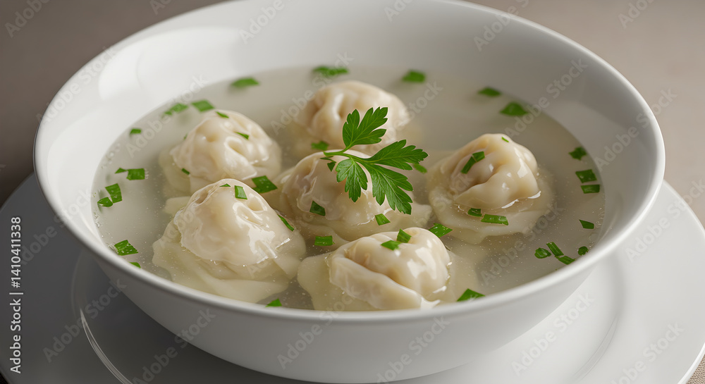 Delicious Dumplings In Broth Topped With Fresh Herbs Close Up Delicious Dumplings In Broth Topped With Fresh Herbs Close Up