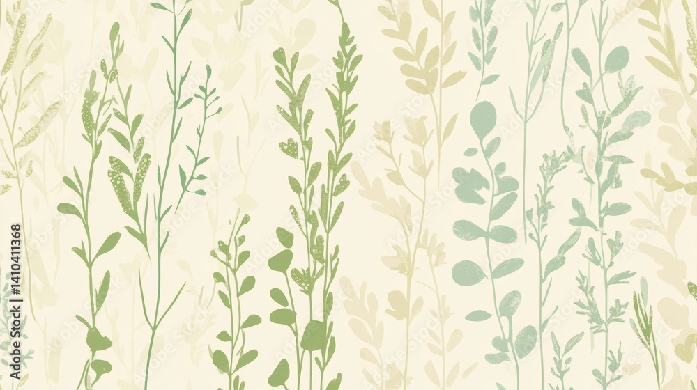 Fototapeta premium A floral wallpaper design with a variety of plants and leaves in different shades of green and beige.