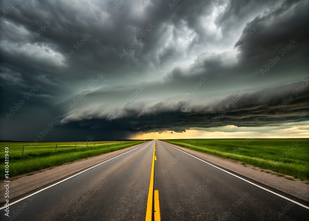 Stormy highway with dramatic dark clouds over open countryside Stormy highway with dramatic dark clouds over open countryside