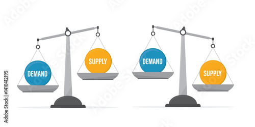 Demand and Supply, imbalance on the scale. Business Concept. Inequality between demand and supply on scale symbolizing global economic crisis or problems