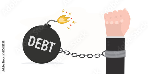 Big heavy debt weight with shackles and business man hand closeup. Tax burden, financial crime, fee, crisis and bankruptcy. Money problems, bankruptcy, economic collapse