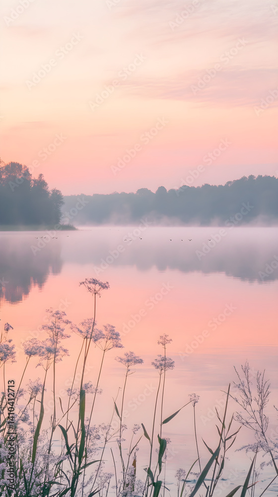Fototapeta premium Tranquil Lakeshore Dawn with Mist and Soft Pastel Reflections Amidst Nature's Serenity