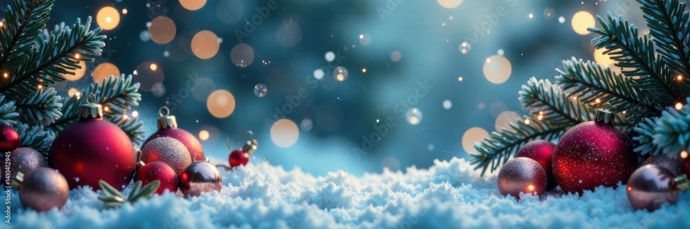 Obraz premium Winter wonderland scene with Christmas ornaments, winter, snowflake, evergreen branches