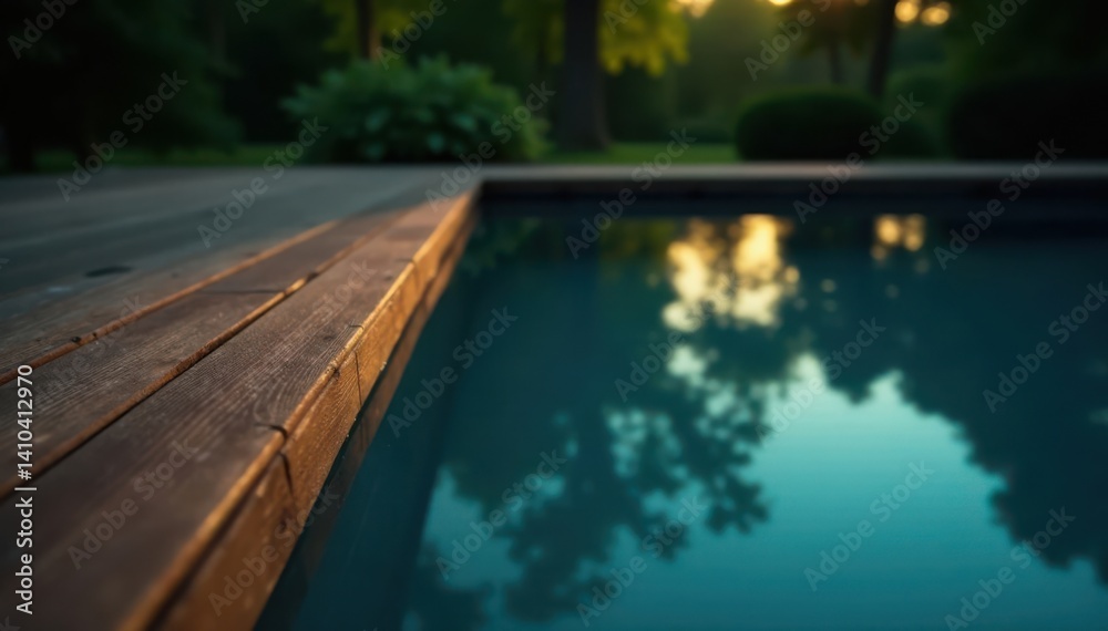 Fototapeta premium wooden surface reflected in dark mirror like pool, , minimalist decor