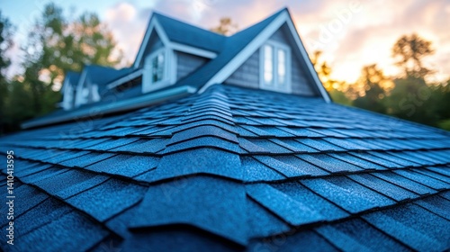 Close-up view of a dark blue shingle roof at sunset.  A home's roof with overlapping shingles, showcasing the details of the architectural design.  A beautiful sunset sky above
