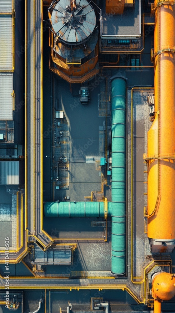 Aerial view of an industrial complex with intricate piping systems, showcasing geometric patterns and vibrant yellow and teal color palette in a detailed technological landscape. Aerial view of an industrial complex with intricate piping systems, showcasing geometric patterns and vibrant yellow and teal color palette in a detailed technological landscape.