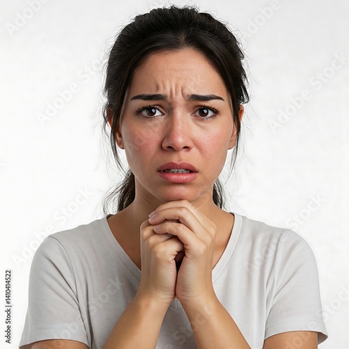 Distressed Young Woman with Dark Hair: Close-Up Portrait with a Pleading Expression and Clasped Hands