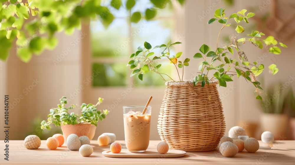 Mood board Coffee concept. A cozy and serene plant filled scene with a refreshing coffee drink on a wooden table long title This peaceful and natural indoor scene features a