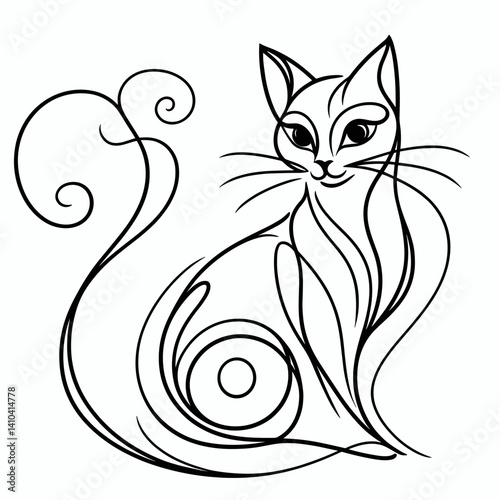 Elegant line art of a cat on a white background with copy space