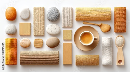 Mood board Coffee concept. A harmonious arrangement of natural textures and surfaces with a coffee cup