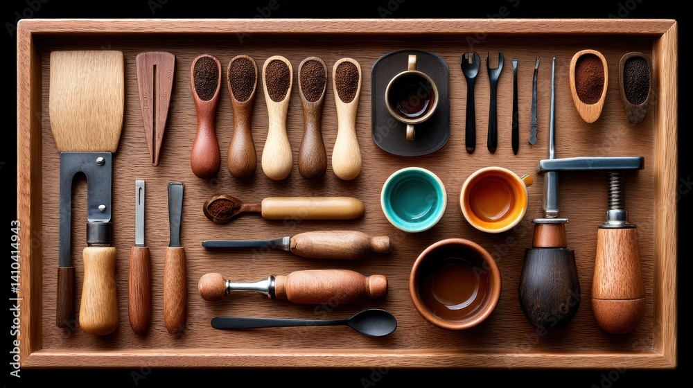 Mood board Coffee concept. Barista s cozy cafe workspace with assortment of wooden tools and brewing equipment