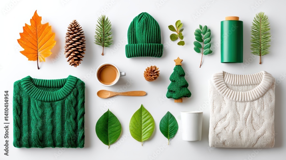 Mood board Coffee concept. Autumn nature elements and cozy fall accessories