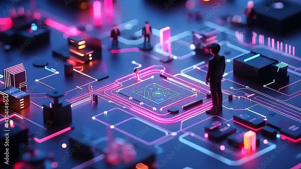 Futuristic digital landscape showcasing a miniature city with glowing circuits and figures, symbolizing technology