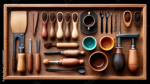 Obraz na płótnie Mood board Coffee concept. Barista s cozy cafe workspace with assortment of wooden tools and brewing equipment w salonie
