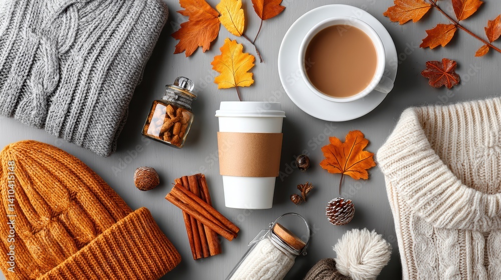Mood board Coffee concept. Cozy autumn coffee mood board with leaves sweaters and warm accessories